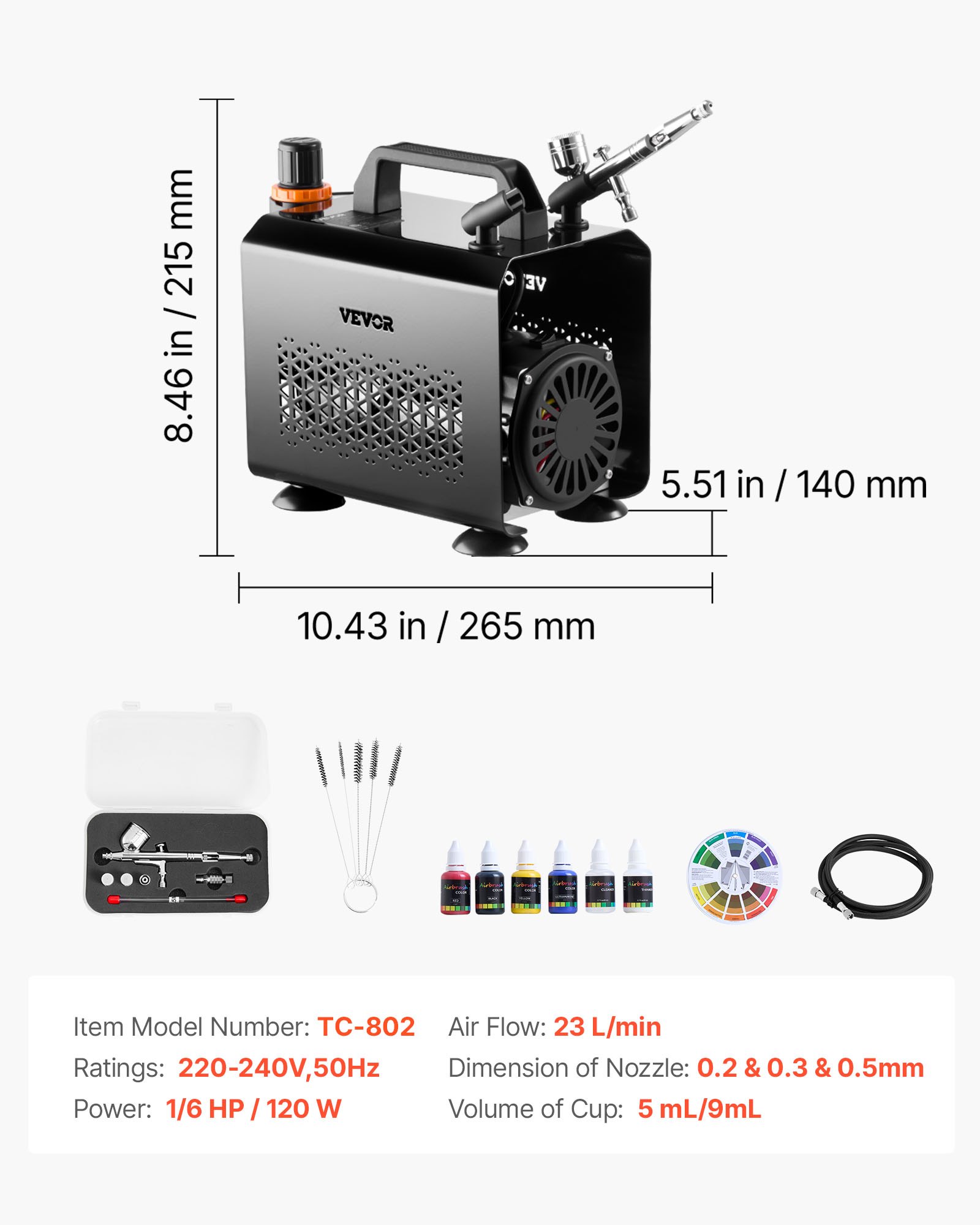 VEVOR Airbrush Kit, 1/6 HP, Air Brush Kit with Air Compressor, 1 Dual-Action Professional Airbrush with 3 Tips, Hose, Acrylic Paint, Brush, Low Noise, for Cake Decorating, Model Painting, Nail Art