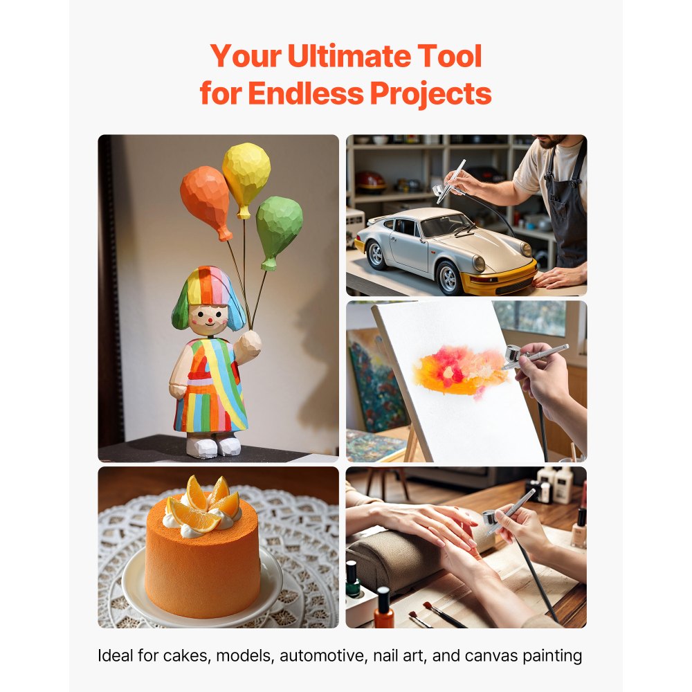 VEVOR Airbrush Kit, 1/6 HP, Air Brush Kit with Air Compressor, 3 Dual-Action Professional Airbrushes with 3 Tips, Hose, Acrylic Paint, Brush, Low Noise, for Cake Decorating, Model Painting, Nail Art