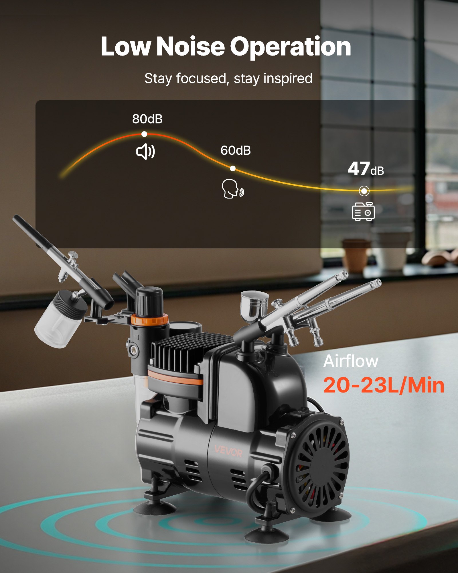 Zestaw aerografu VEVOR 1/6 KM ze sprężarką powietrza, 3 pistolety aerografu dwustronnego działania z 3 dyszami (0,3/0,3/0,35 mm) i wężem oraz farbą akrylową do dekoracji tortów, malowania modeli, zdobienia paznokci, niski poziom hałasu