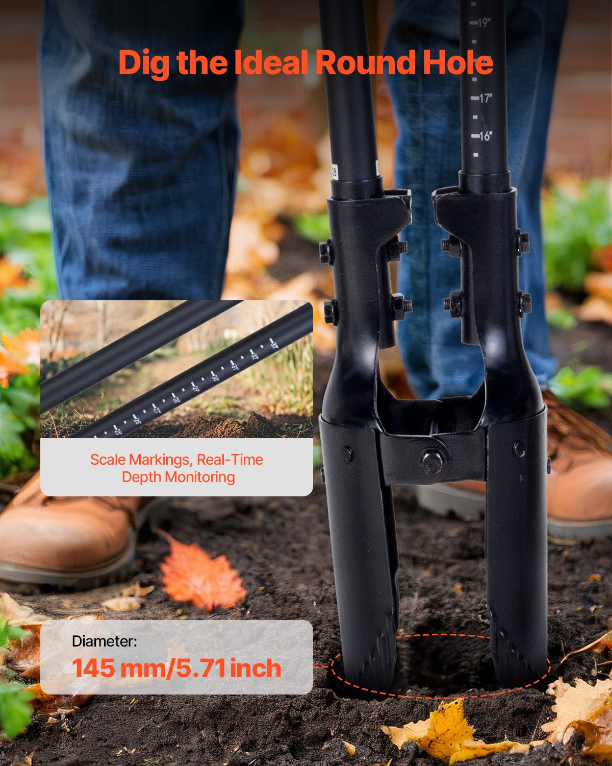 VEVOR 1460 mm Świder ziemny, wytrzymała koparka ręczna z uchwytem z włókna szklanego, koparka ręczna z podziałką i metalowym ostrzem, świder ziemny do kopania w ogrodzie i na zewnątrz