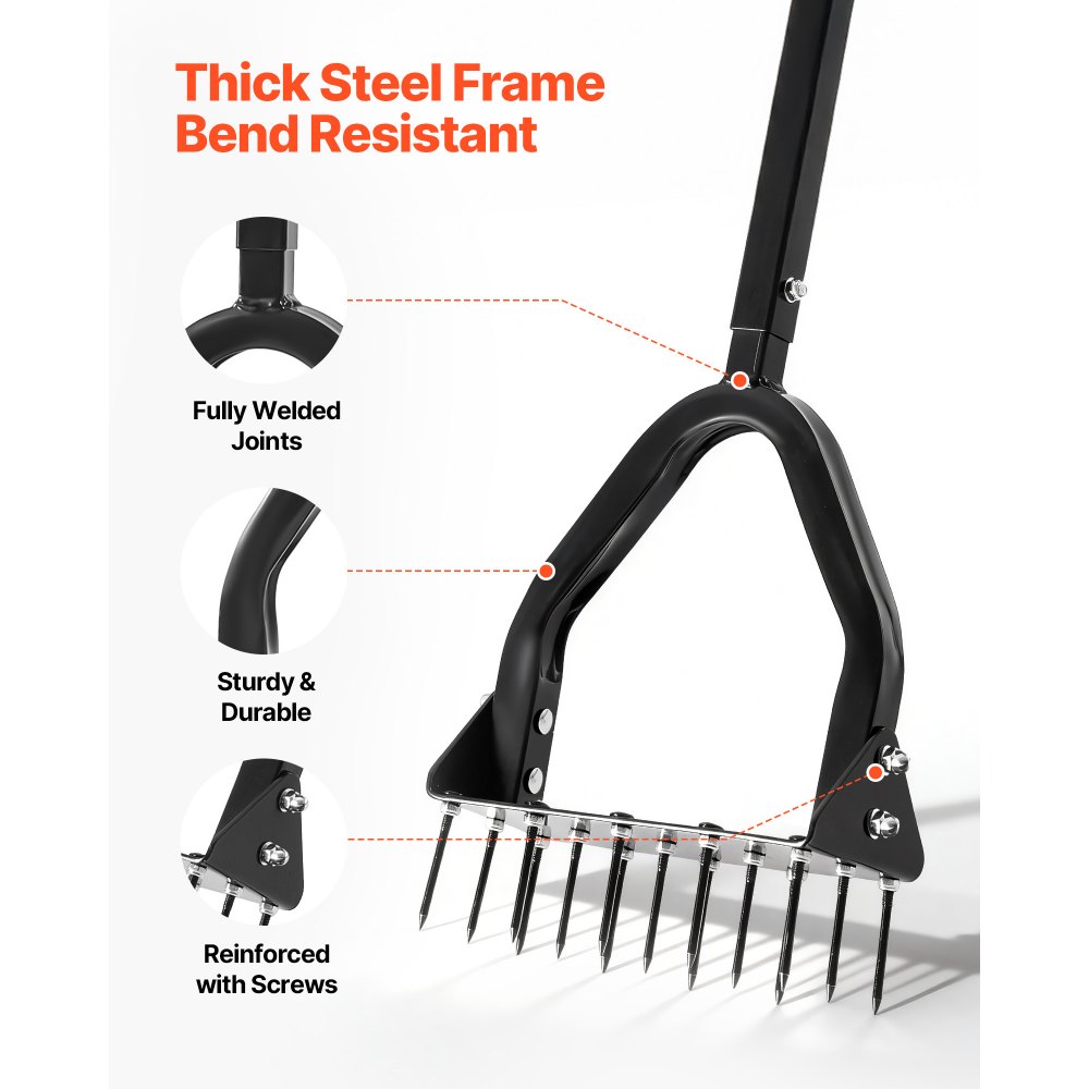 VEVOR Lawn Aerator, 9.2 in Manual Core Aerator Tool with 15 Iron Spikes, Long Handle & Wide Plate, Heavy Duty Grass Aeration Tool, Yard Aerators for Compacted Hardened Soil Lawn Aeration