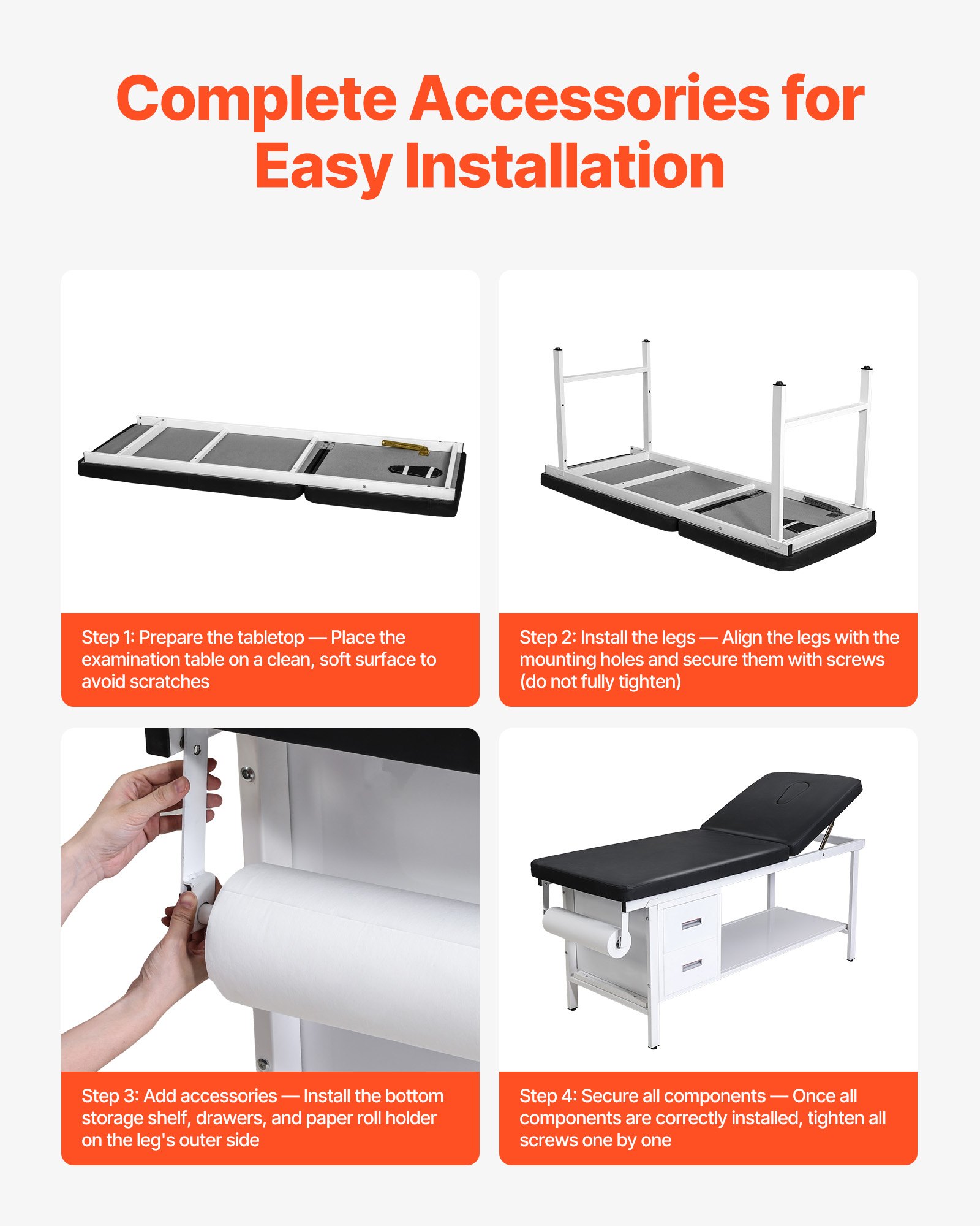 Kozetka do badań VEVOR 227 kg, kozetka wypoczynkowa, kozetka do ćwiczeń z regulowanym oparciem, 2 szufladami, schowkiem i podajnikiem papieru w rolkach, kozetka szpitalna do szpitali i ośrodków rehabilitacyjnych, 1855 x 705 x 815 mm