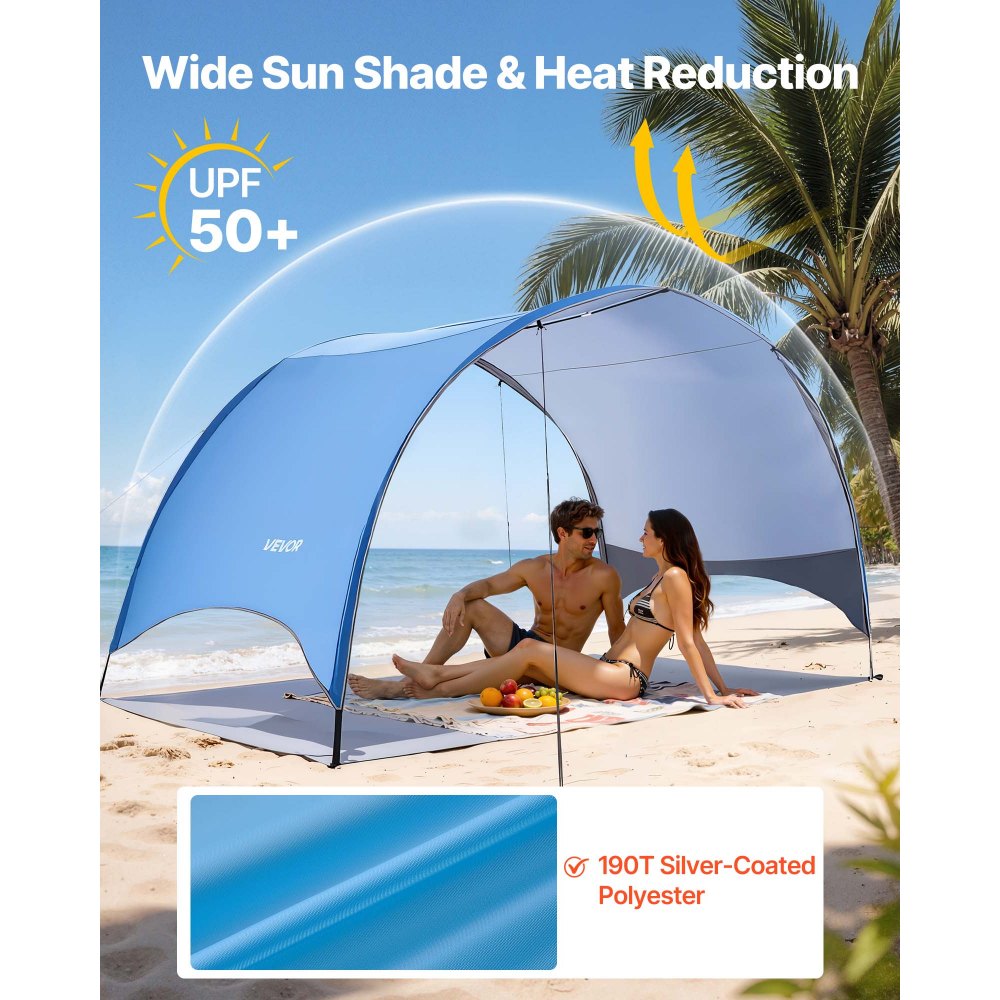 VEVOR Beach Tent Sun Shelter for 4 Person, UPF 50+ Protection, Portable Sun Shade Canopy with Carrying Bag & Ground Stakes, Lightweight and Easy Setup Beach Umbrella for Camping Fishing Outdoor Picnic