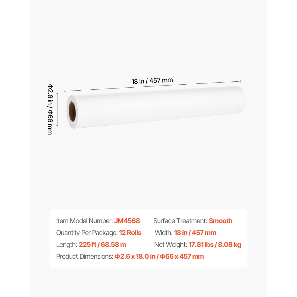VEVOR Rolka medyczna, 457 mm x 68,58 m, pokrowiec na stół (opakowanie 12 szt.), Jednorazowa rolka na stół, idealna do spa, żłobków, gabinetów lekarskich, chiropraktyków, stołów do badań i masażu, biała