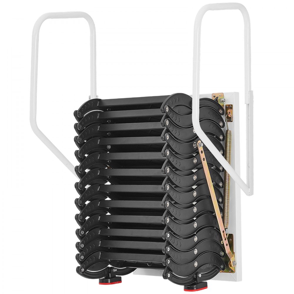 Drabina VEVOR montowana na ścianie, udźwig 299,4 kg, pasuje do sufitów o wysokości od 2,9 do 3,05 m, 12-stopniowe, stalowe, chowane schody z poręczami, do strychów, garaży, dachów i piwnic