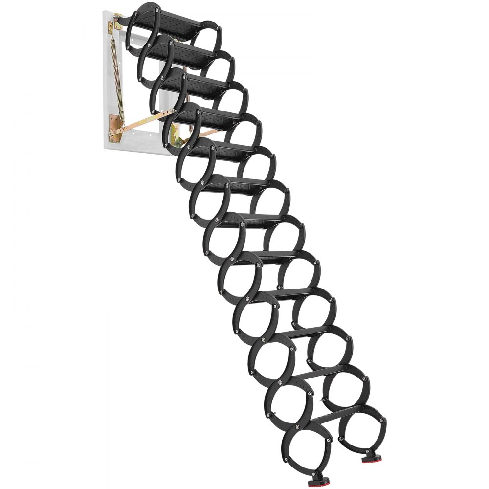 Drabina VEVOR montowana na ścianie, udźwig 299,4 kg, pasuje do sufitów o wysokości od 2,9 do 3,05 m, 12-stopniowe, stalowe, chowane schody z poręczami, do strychów, garaży, dachów i piwnic