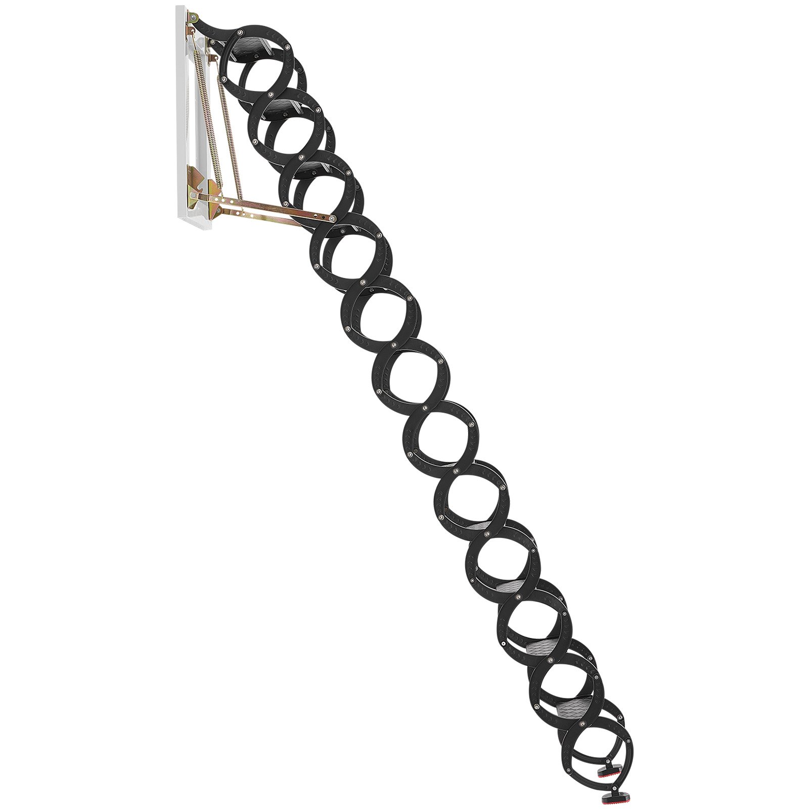 Drabina VEVOR montowana na ścianie, udźwig 299,4 kg, pasuje do sufitów o wysokości od 2,9 do 3,05 m, 12-stopniowe, stalowe, chowane schody z poręczami, do strychów, garaży, dachów i piwnic