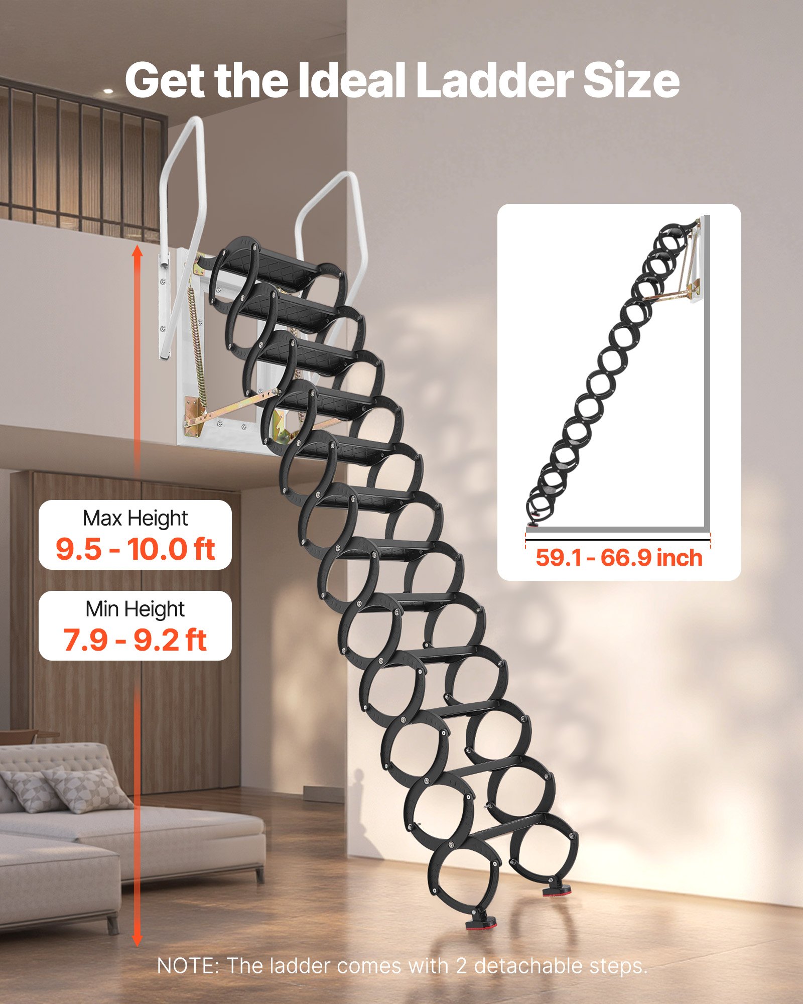 Drabina VEVOR montowana na ścianie, udźwig 299,4 kg, pasuje do sufitów o wysokości od 2,9 do 3,05 m, 12-stopniowe, stalowe, chowane schody z poręczami, do strychów, garaży, dachów i piwnic