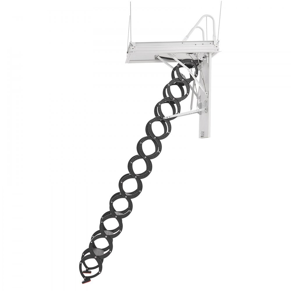 Drabina nożycowa VEVOR do strychu, udźwig 299,4 kg, odpowiednia do sufitów o wysokości od 2,6 do 2,85 m i rozmiarze otworu 1000,76 x 698,5 mm, stalowa drabina nożycowa ze stopu z drążkiem do strychu
