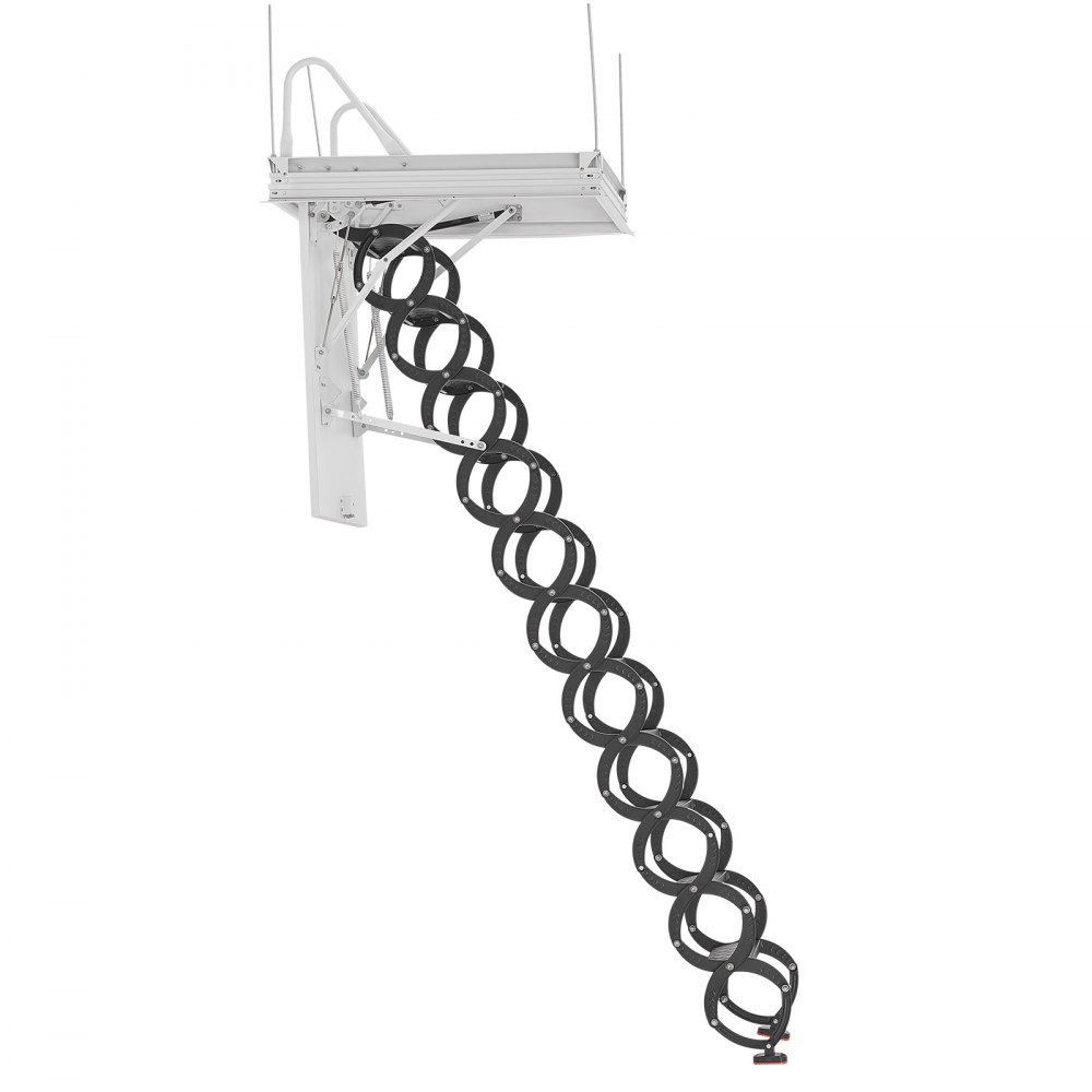 Drabina nożycowa VEVOR do strychu, udźwig 299,4 kg, odpowiednia do sufitów o wysokości od 2,6 do 2,85 m i rozmiarze otworu 1000,76 x 698,5 mm, stalowa drabina nożycowa ze stopu z drążkiem do strychu
