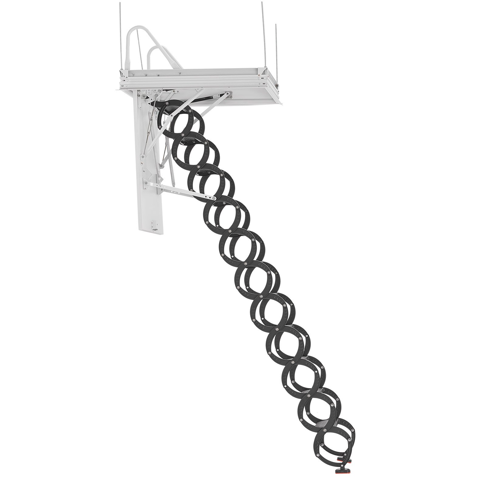 Drabina nożycowa VEVOR do strychu, udźwig 299,4 kg, odpowiednia do sufitów o wysokości od 2,6 do 2,85 m i rozmiarze otworu 1000,76 x 698,5 mm, stalowa drabina nożycowa ze stopu z drążkiem do strychu