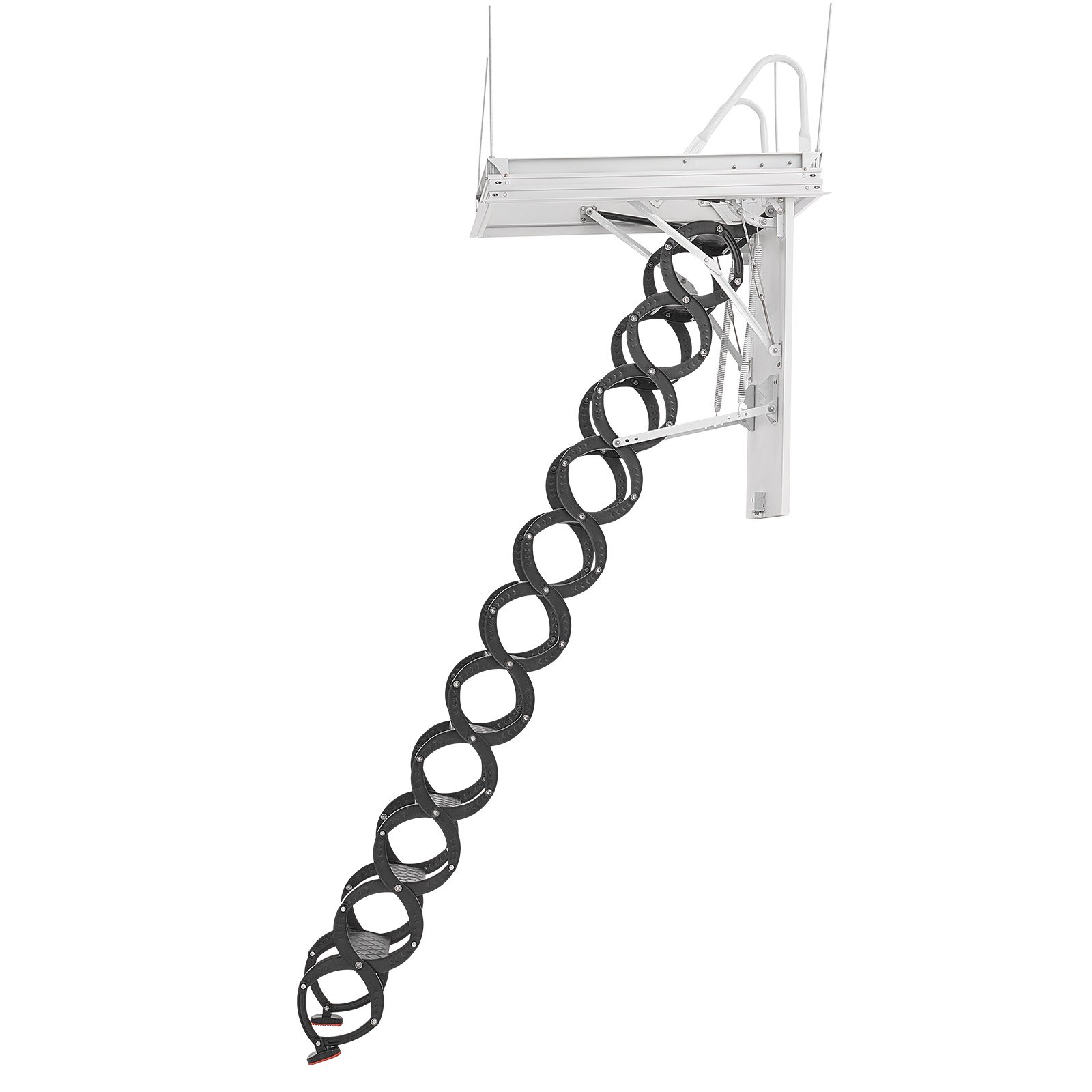 Drabina nożycowa VEVOR do strychu, udźwig 299,4 kg, odpowiednia do sufitów o wysokości od 2,6 do 2,85 m i rozmiarze otworu 1000,76 x 698,5 mm, stalowa drabina nożycowa ze stopu z drążkiem do strychu