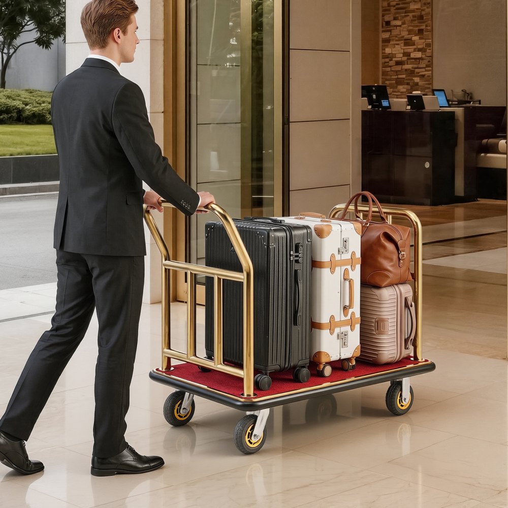 Wózek hotelowy VEVOR ze stali nierdzewnej, wózek bagażowy o dużej wytrzymałości, 340,19 kg, z 6-calowymi gumowymi kołami, wózek hotelowy z czerwonym dywanem, komercyjny wózek platformowy do hoteli, apartamentów wakacyjnych i ośrodków wypoczynkowych, złoty