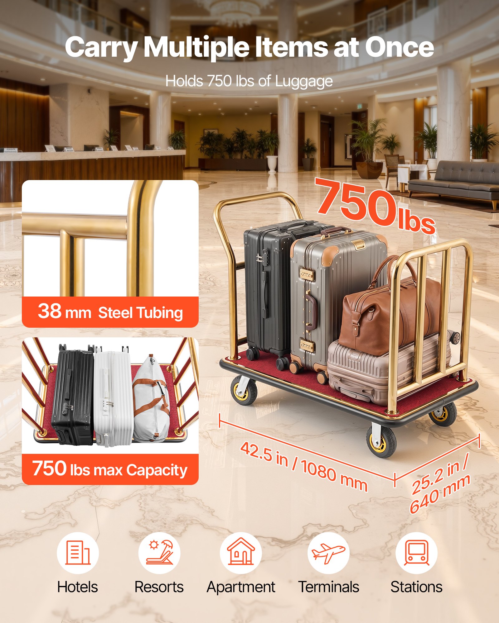 Wózek hotelowy VEVOR ze stali nierdzewnej, wózek bagażowy o dużej wytrzymałości, 340,19 kg, z 6-calowymi gumowymi kołami, wózek hotelowy z czerwonym dywanem, komercyjny wózek platformowy do hoteli, apartamentów wakacyjnych i ośrodków wypoczynkowych, złoty
