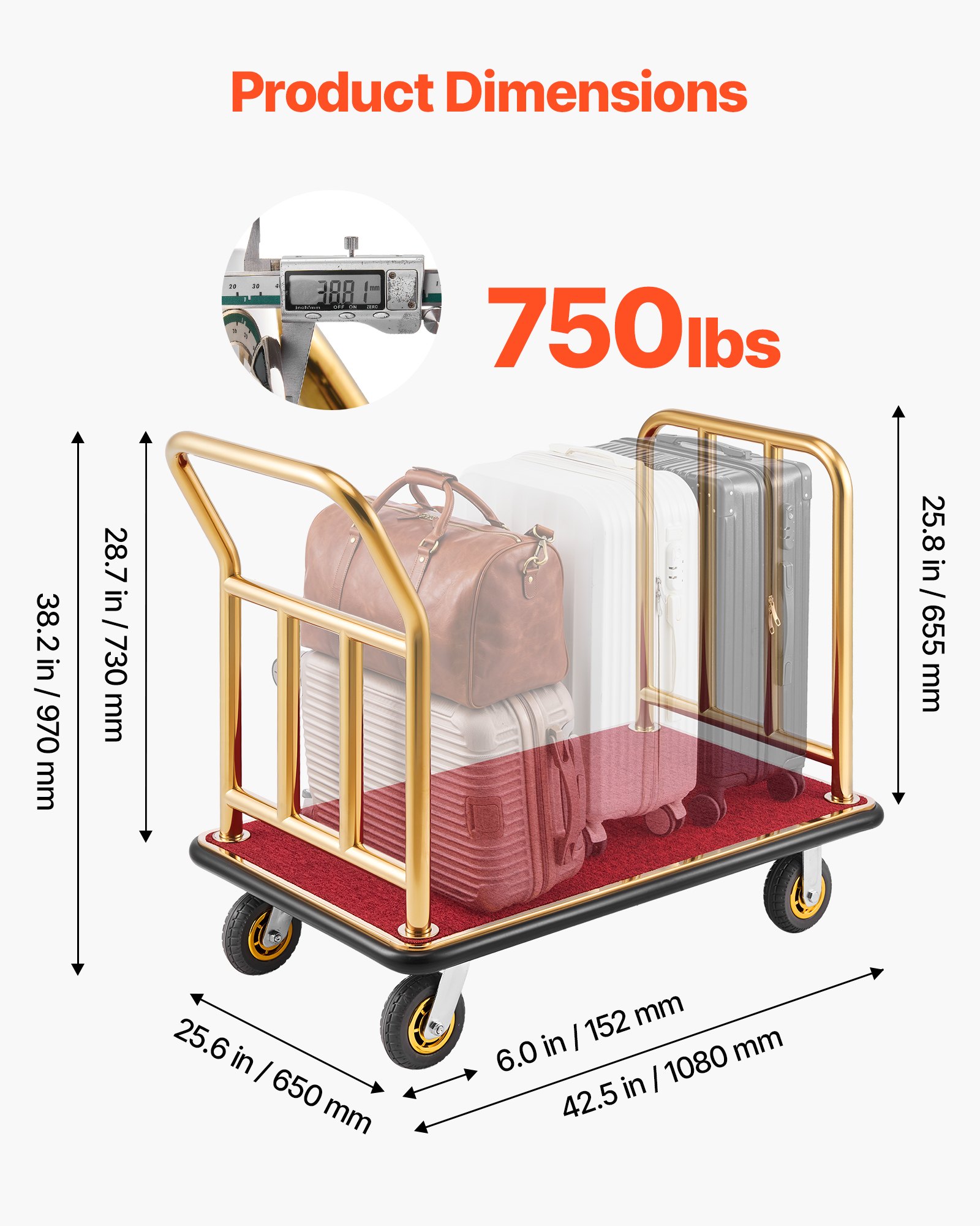 Wózek hotelowy VEVOR ze stali nierdzewnej, wózek bagażowy o dużej wytrzymałości, 340,19 kg, z 6-calowymi gumowymi kołami, wózek hotelowy z czerwonym dywanem, komercyjny wózek platformowy do hoteli, apartamentów wakacyjnych i ośrodków wypoczynkowych, złoty