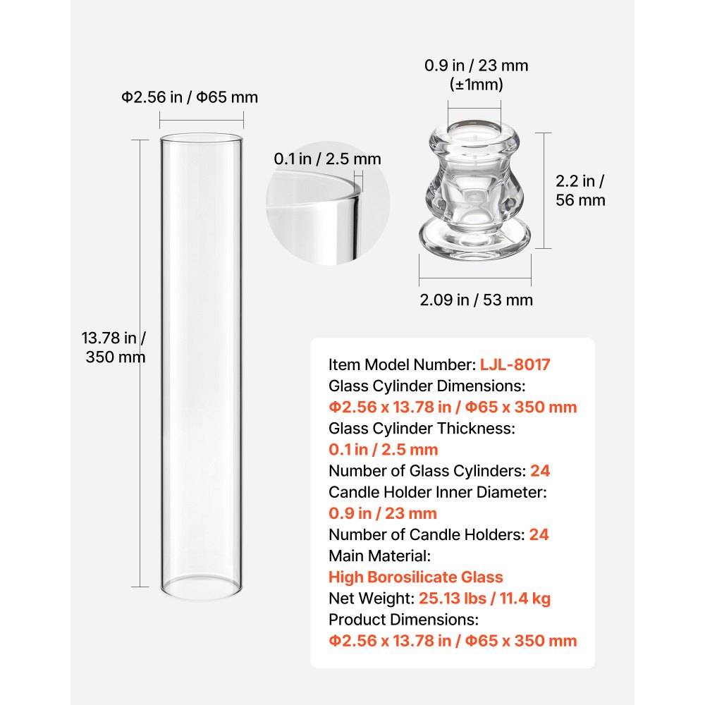 VEVOR 24-częściowy zestaw szklanych cylindrów na świece, świeczniki Hurricane 65x350 mm, szklane kieliszki do świec z borokrzemianu, klosze bez dna, wiatroszczelne pokrowce na świeczniki na wesela, Boże Narodzenie i imprezy