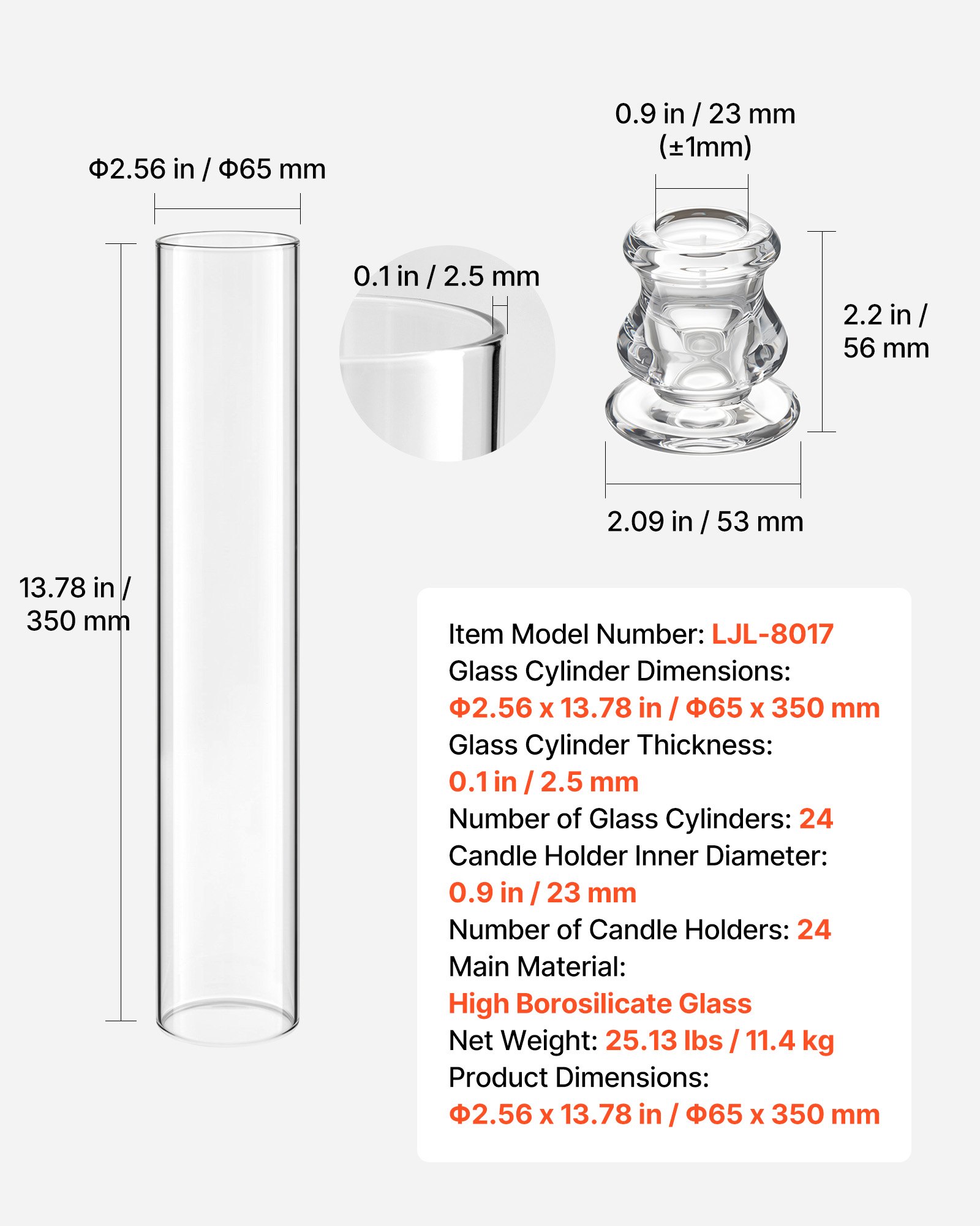 VEVOR 24-częściowy zestaw szklanych cylindrów na świece, świeczniki Hurricane 65x350 mm, szklane kieliszki do świec z borokrzemianu, klosze bez dna, wiatroszczelne pokrowce na świeczniki na wesela, Boże Narodzenie i imprezy