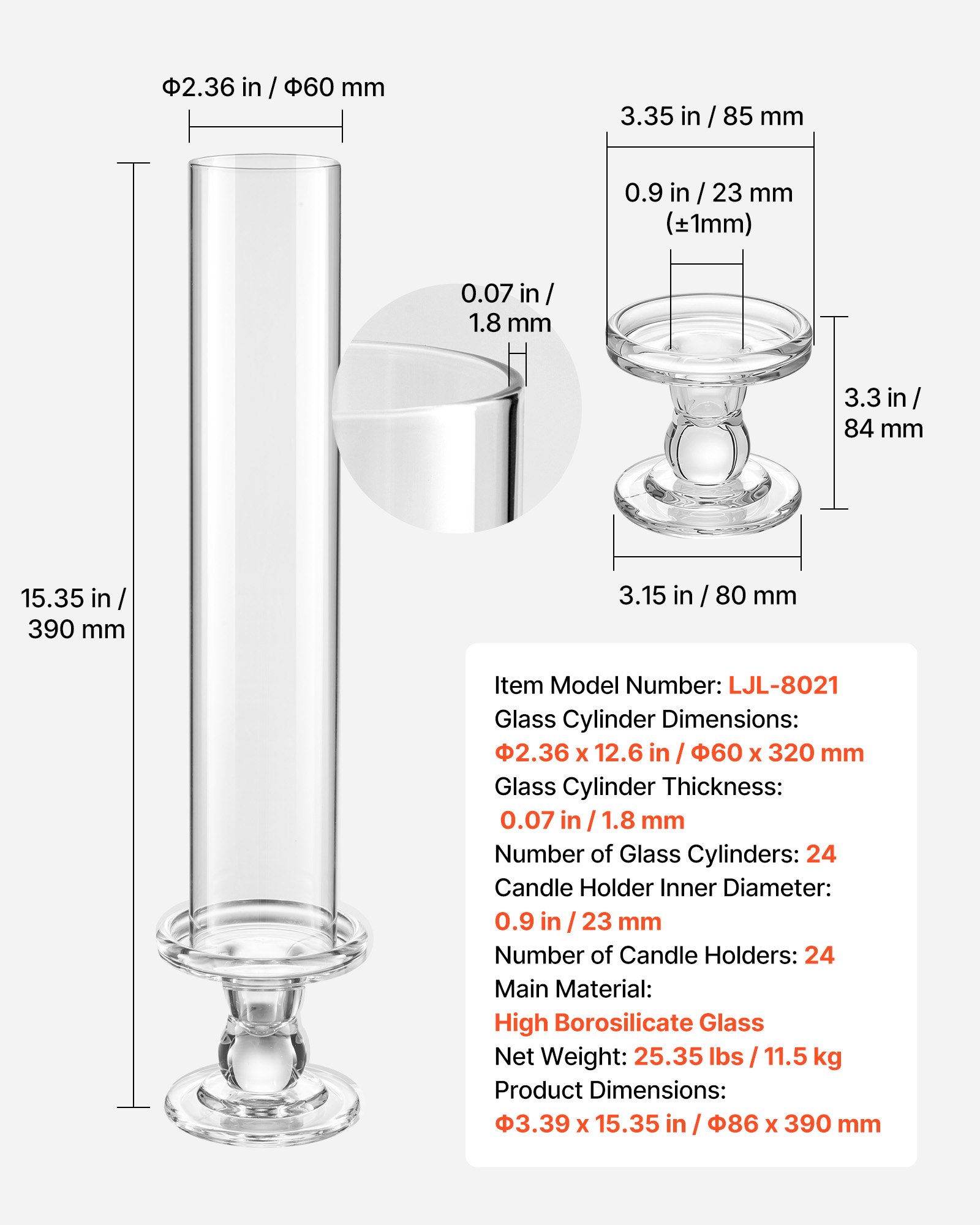 VEVOR 24-częściowy zestaw szklanych cylindrów na świece, świeczniki Hurricane 60x390 mm, szklane kieliszki do świec ze szkła borokrzemianowego, klosze bez dna ze świecznikami, osłonki na świeczniki na wesela i Boże Narodzenie
