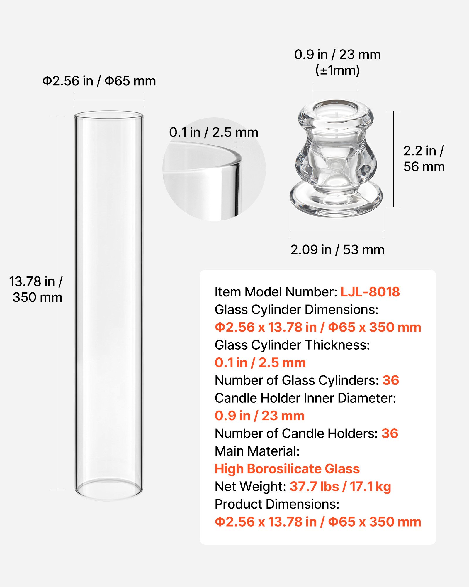 VEVOR 36-częściowy zestaw szklanych cylindrów na świece, świeczniki Hurricane 65x350 mm, szklane kieliszki do świec z borokrzemianu, klosze bez dna, wiatroszczelne pokrowce na świeczniki na wesele, Boże Narodzenie, dekoracje imprezowe