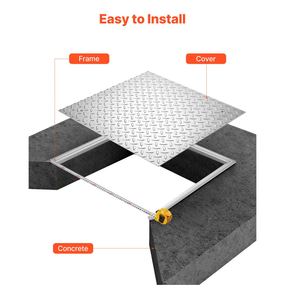 VEVOR Manhole Cover with Frame, 600 x 600mm Square Septic Tank Lid with Base, Heavy-Duty Slip-Resistant Carbon Steel Drain Channel Inspection Access Cover for Pavements Gardens