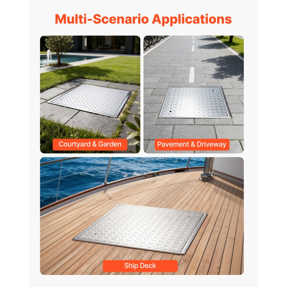 VEVOR Manhole Cover with Frame, 600 x 600mm Square Septic Tank Lid with Base, Heavy-Duty Slip-Resistant Carbon Steel Drain Channel Inspection Access Cover for Pavements Gardens