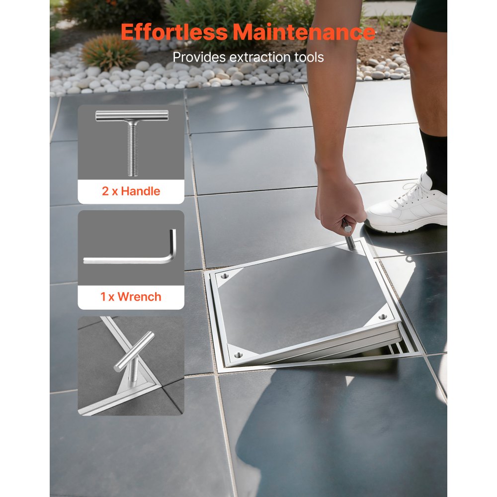 Pokrywa włazu VEVOR z ramą 30 x 30 cm, niewidoczna pokrywa włazu, brukowana pokrywa szamba ze stopu aluminium do zintegrowanego kanału odwadniającego na ścieżkach w ogrodach i tarasach