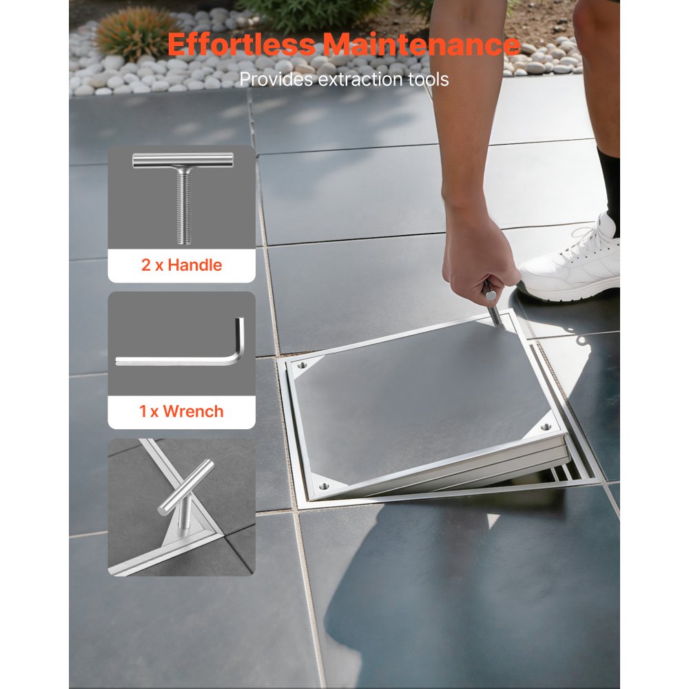 Pokrywa włazu VEVOR z ramą 40 x 40 cm, niewidoczna pokrywa włazu, brukowana pokrywa szamba ze stopu aluminium do zintegrowanego kanału odwadniającego na ścieżkach w ogrodach i tarasach