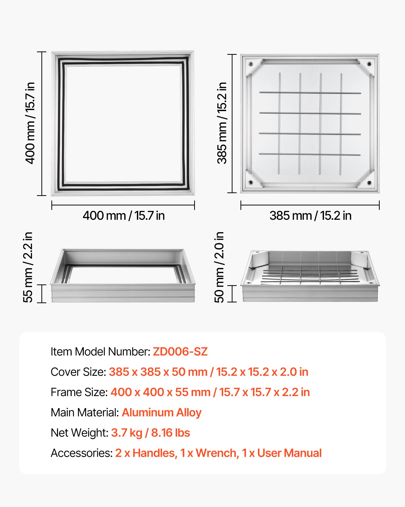 Pokrywa włazu VEVOR z ramą 40 x 40 cm, niewidoczna pokrywa włazu, brukowana pokrywa szamba ze stopu aluminium do zintegrowanego kanału odwadniającego na ścieżkach w ogrodach i tarasach