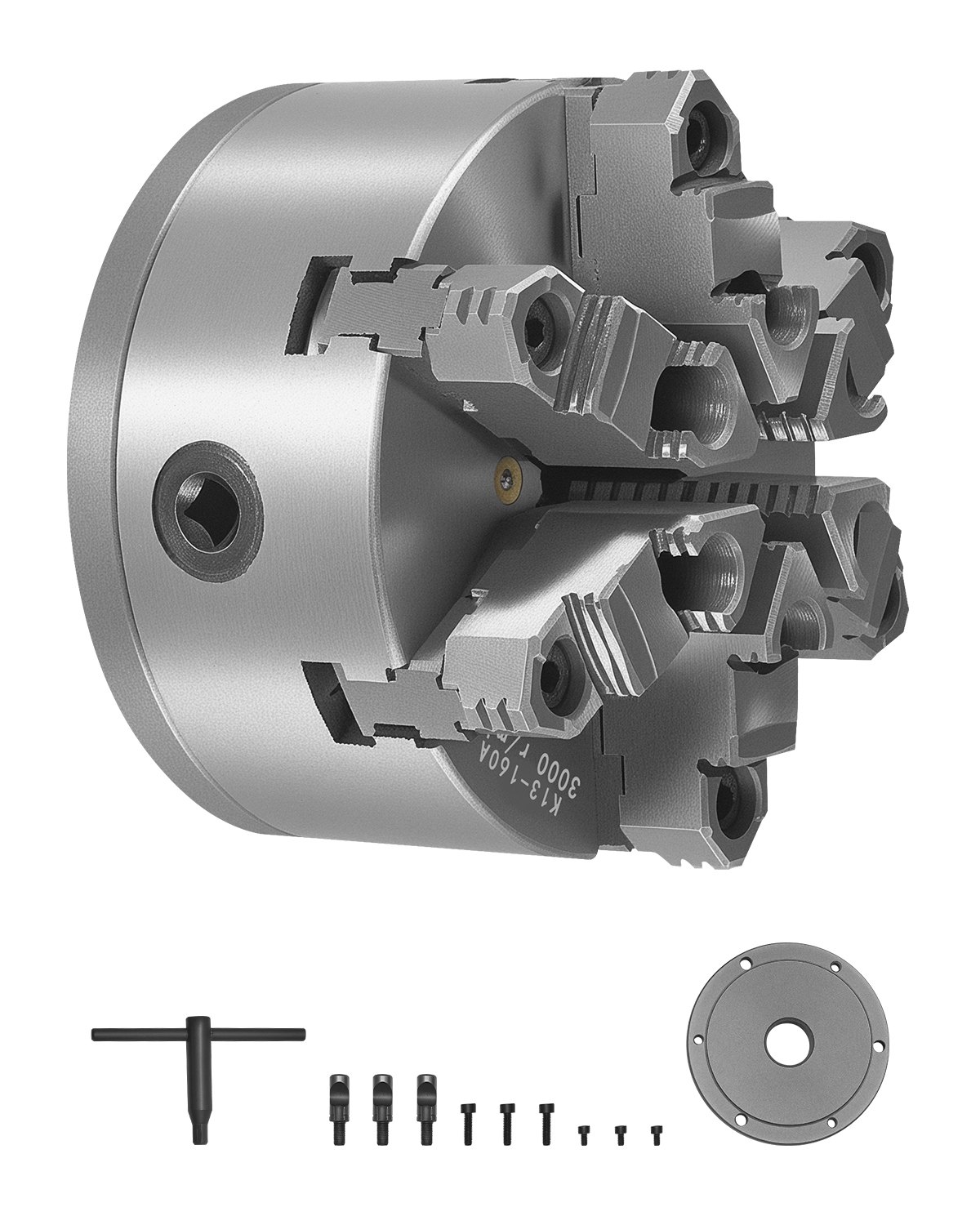 VEVOR uchwyt tokarski 6-szczękowy, 160 mm, uchwyt samocentrujący z płytą mocującą z blokadą krzywkową D1-4, zakres mocowania 3-145 mm ze śrubami imbusowymi, materiał HT300, do tokarek do drewna i metalu