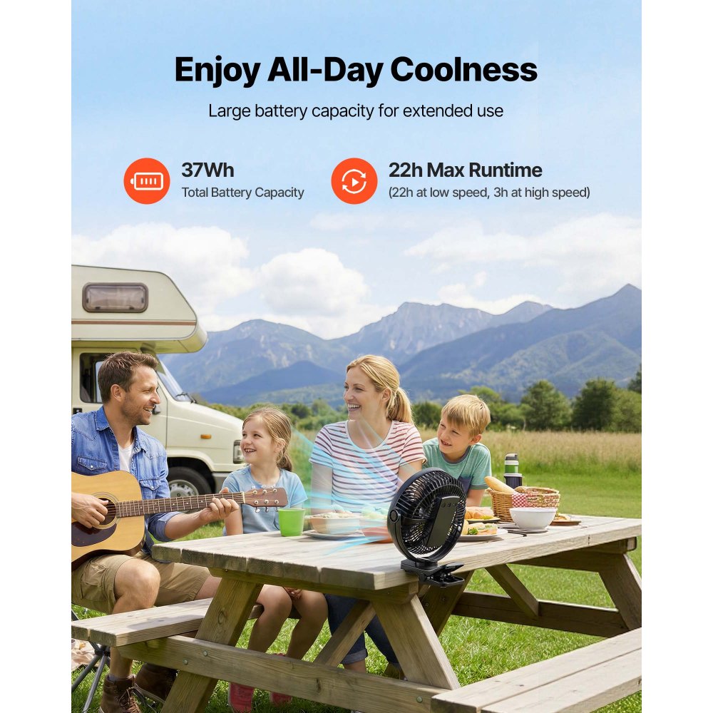 VEVOR Portable Clip Fan, Rechargeable Clip On Fan, USB Port with 3 Speeds & Circulation Mode, Strong Airflow Sturdy Clamp, Long Runtime for Desk, Golf Cart, Outdoor Camping Treadmill, Office, Black