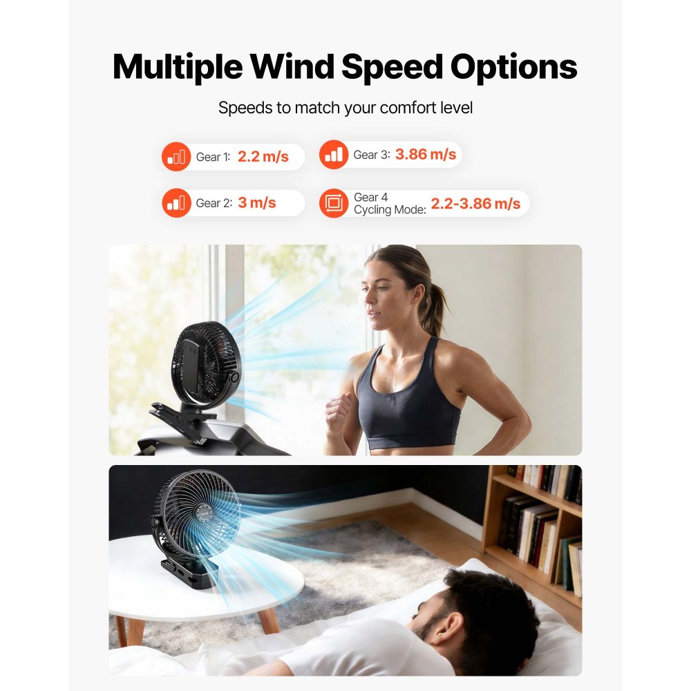 VEVOR Portable Clip Fan, Rechargeable Clip On Fan, USB Port with 3 Speeds & Circulation Mode, Strong Airflow Sturdy Clamp, Long Runtime for Desk, Golf Cart, Outdoor Camping Treadmill, Office, Black
