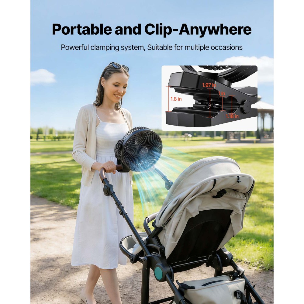 VEVOR Portable Clip Fan, Rechargeable Clip On Fan, USB Port with 3 Speeds & Circulation Mode, Strong Airflow Sturdy Clamp, Long Runtime for Desk, Golf Cart, Outdoor Camping Treadmill, Office, Black