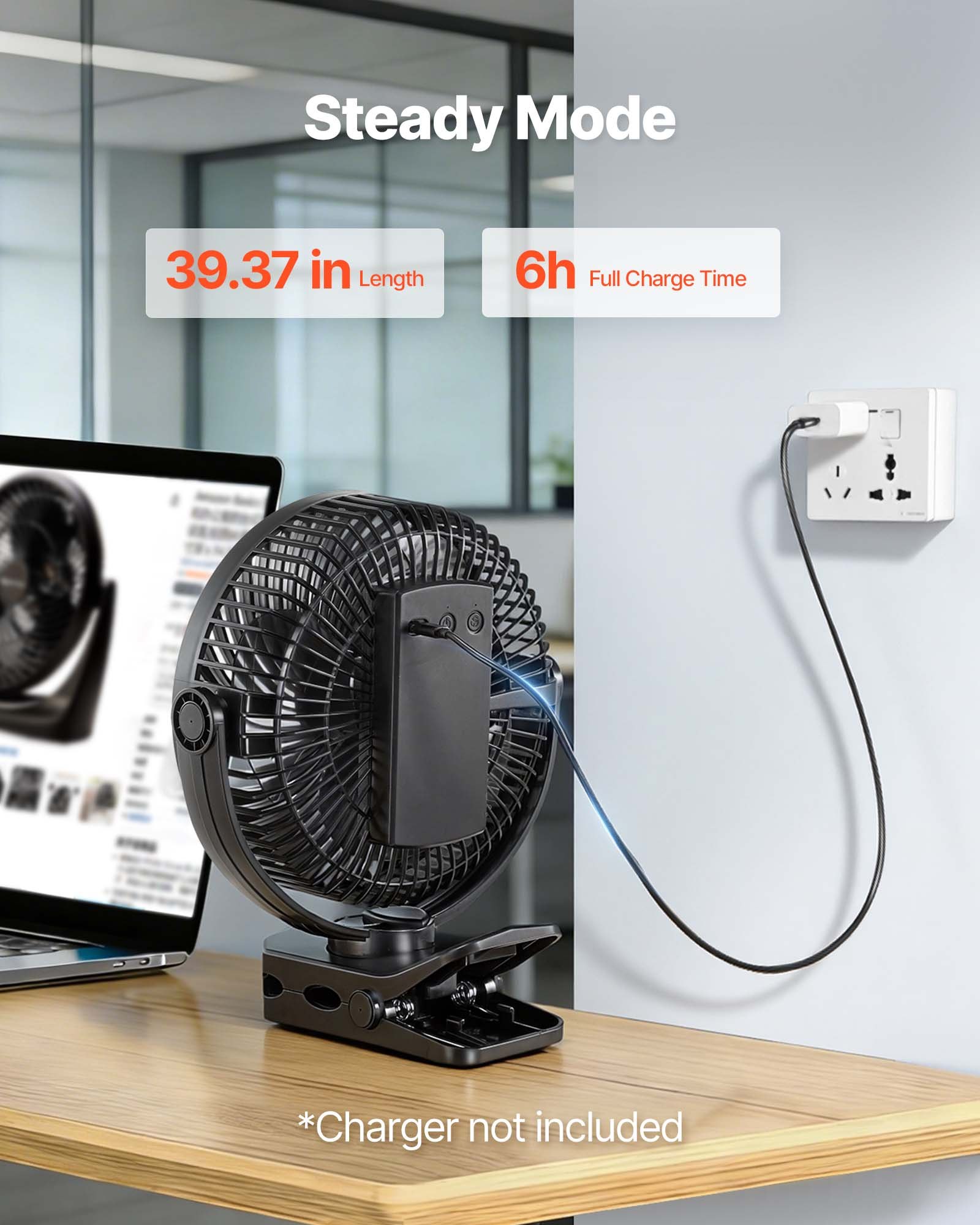 VEVOR Portable Clip Fan, Rechargeable Clip On Fan, USB Port with 3 Speeds & Circulation Mode, Strong Airflow Sturdy Clamp, Long Runtime for Desk, Golf Cart, Outdoor Camping Treadmill, Office, Black