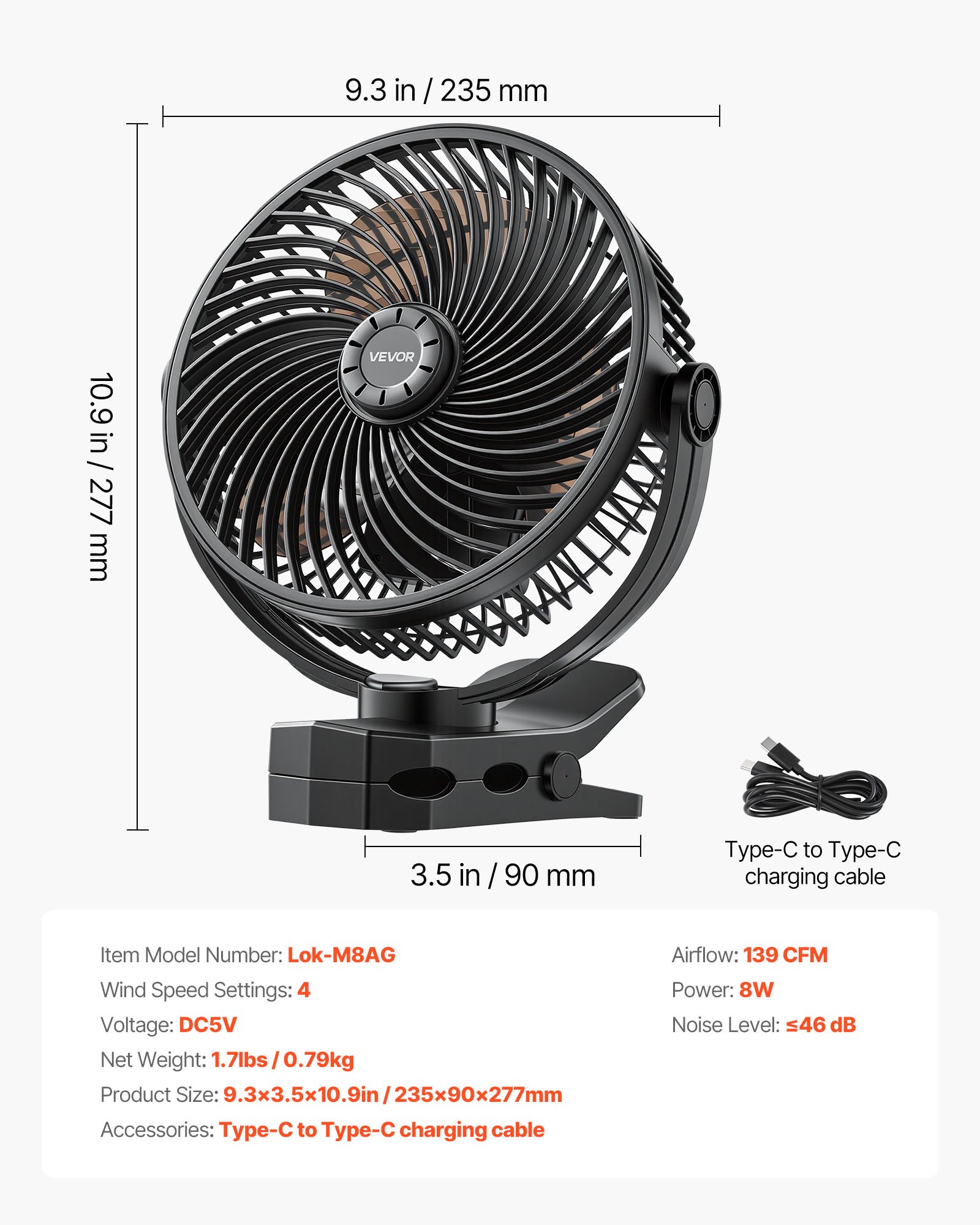 VEVOR Portable Clip Fan, Rechargeable Clip On Fan, USB Port with 3 Speeds & Circulation Mode, Strong Airflow Sturdy Clamp, Long Runtime for Desk, Golf Cart, Outdoor Camping Treadmill, Office, Black