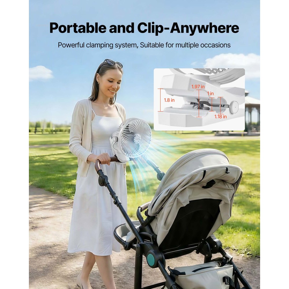 VEVOR Portable Clip Fan, Rechargeable Clip On Fan, USB Port with 3 Speeds & Circulation Mode, Strong Airflow Sturdy Clamp, Long Runtime for Desk, Golf Cart, Outdoor Camping Treadmill, Office, White