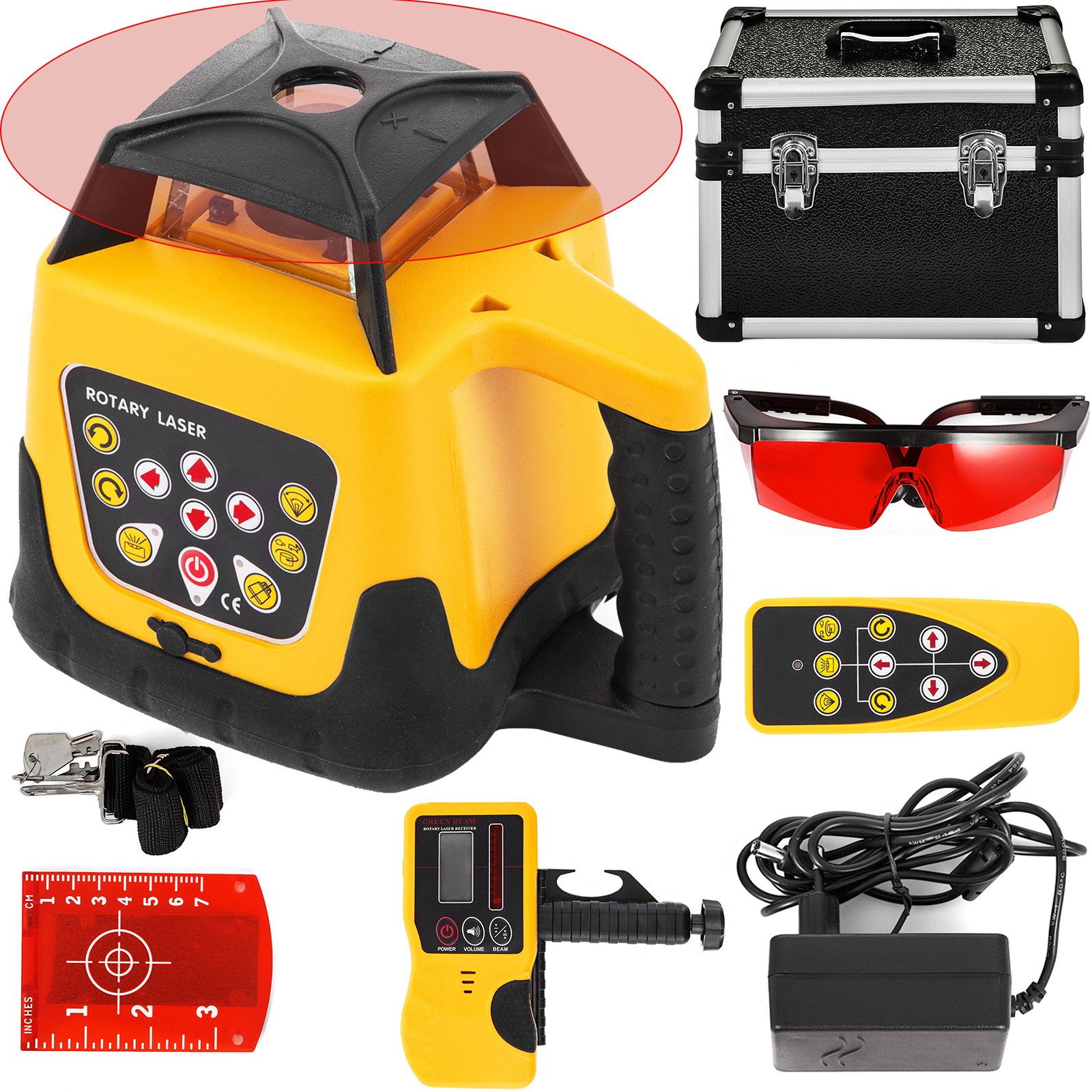 VEVOR Red Professional Laser obrotowy Maks. zasięg roboczy 100 m, 360° Laser obrotowy Wodoodporny i pyłoszczelny Czas pracy na zewnątrz 20 godzin W etui 2 kg Pilot zdalnego sterowania Żółta obudowa
