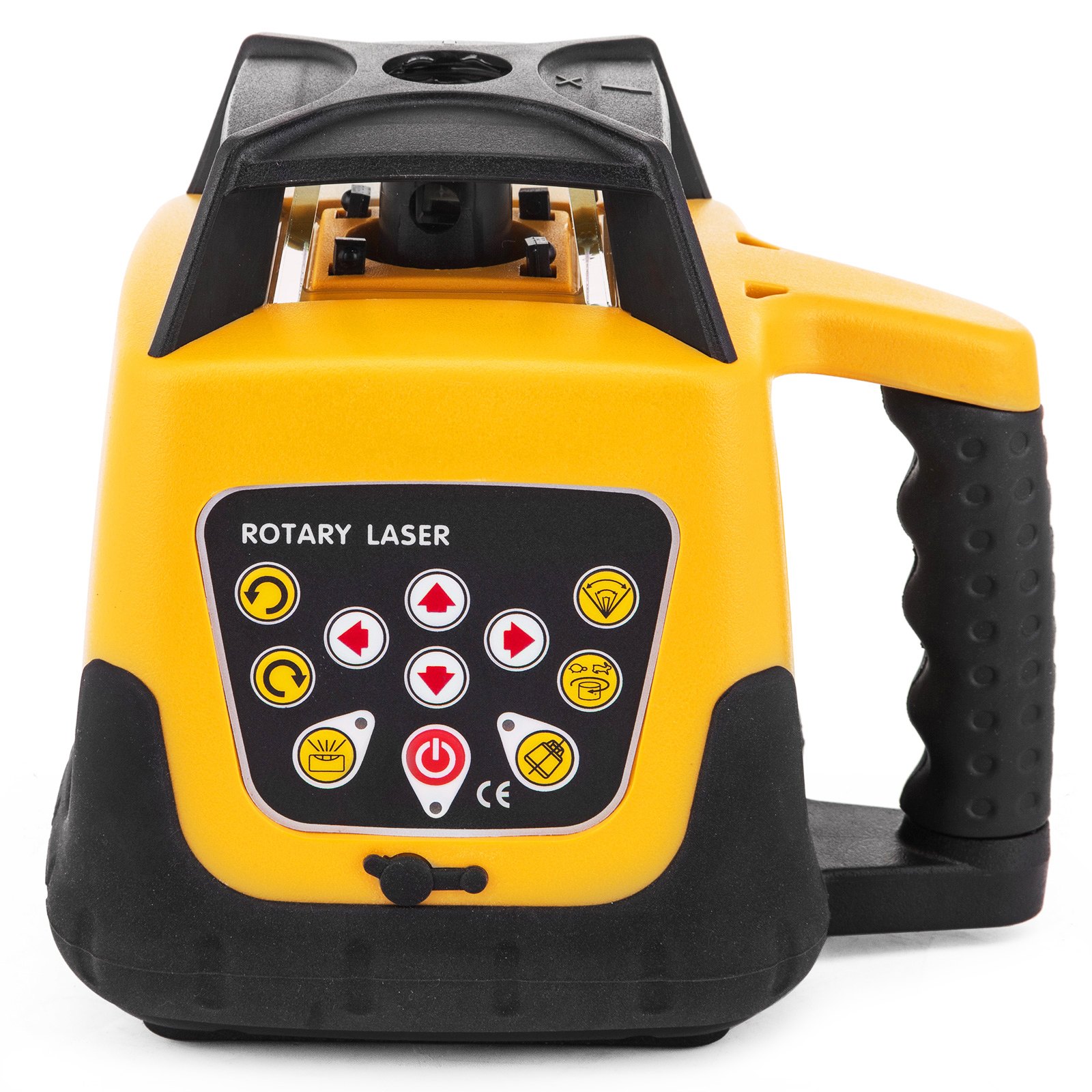 VEVOR Red Professional Laser obrotowy Maks. zasięg roboczy 100 m, 360° Laser obrotowy Wodoodporny i pyłoszczelny Czas pracy na zewnątrz 20 godzin W etui 2 kg Pilot zdalnego sterowania Żółta obudowa