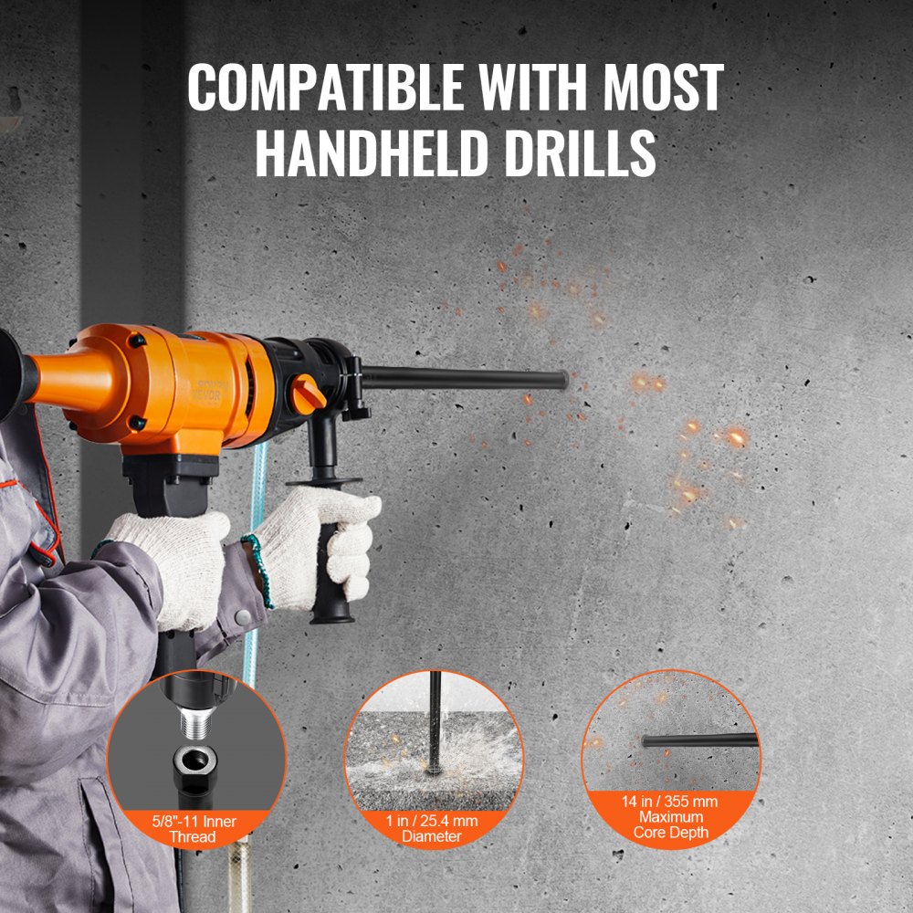 VEVOR Diamond Core Drill Bit, 25.4 mm Wet Diamond Core Drill Bit, 355 mm Drilling Depth Concrete Core Drill Bit, 5/8 Inch-11 Internal Thread, Laser Welded, Diamond Wet Drill Bit for Concrete Bricks and Blocks