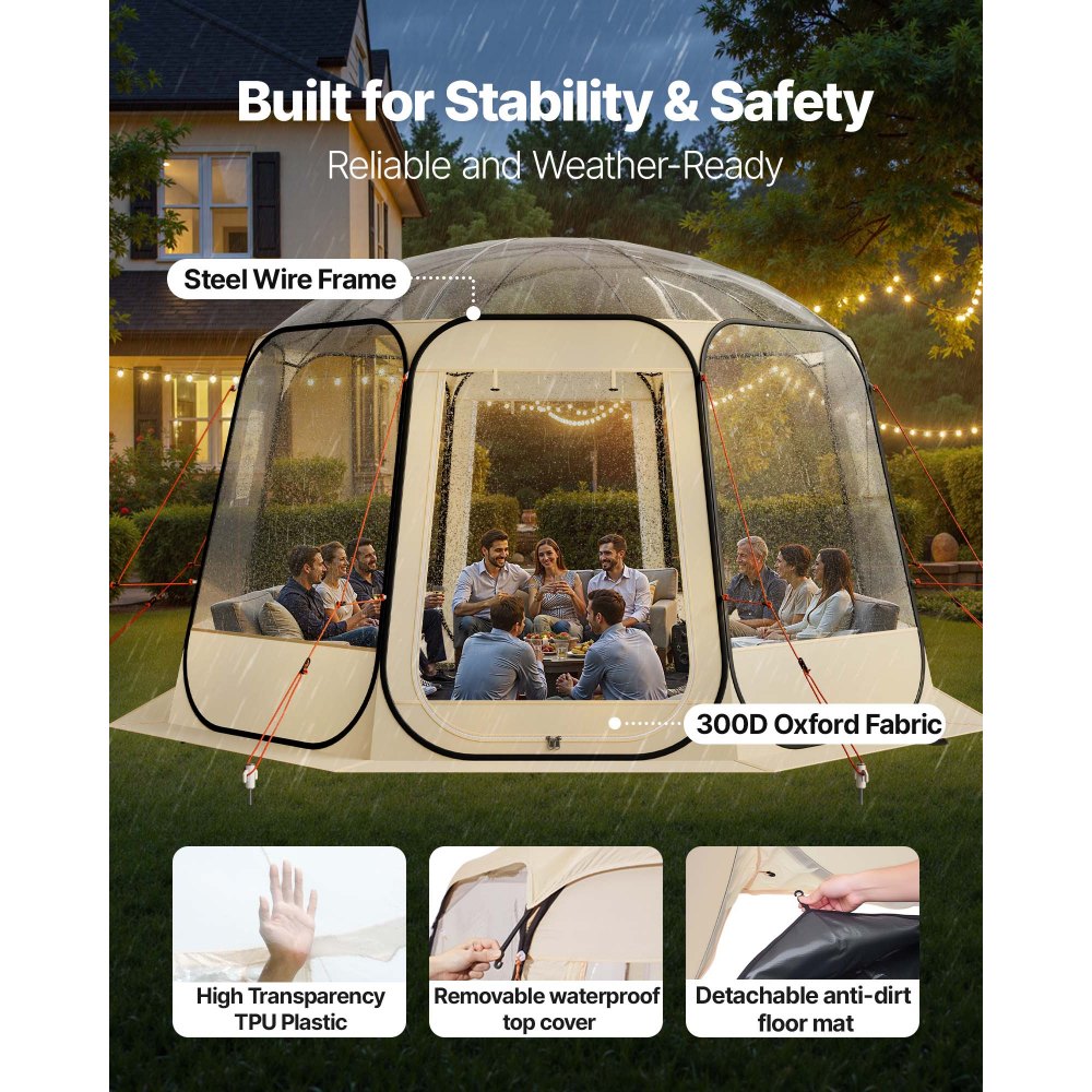 VEVOR Pop up Bubble Tent, 3.36 x 3.45 m Waterproof & UV-Resistant, Clear Camping Tent Shelter, Outdoor Garden Dome Igloo Tents with Windows, 540° Panoramic View, for 10-12 Persons Patio Backyard