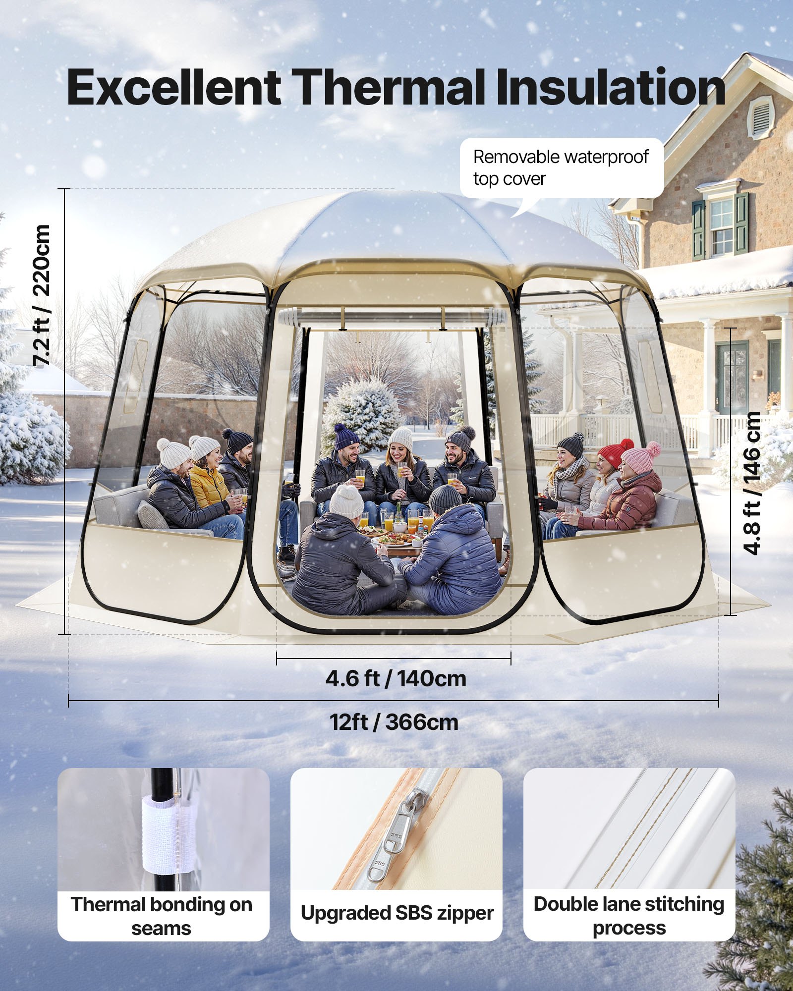 Namiot kempingowy VEVOR z funkcją rozkładania, 366 x 345 x 220 cm, przezroczysty, namiot ogrodowy igloo z oknami, namiot sportowy, panoramiczny widok 540°, dla 10–12 osób, taras, podwórko