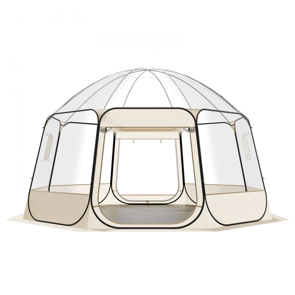 Namiot kempingowy VEVOR z funkcją rozkładania, 458 x 432 x 230 cm, przezroczysty, namiot ogrodowy igloo z oknami, namiot sportowy, panoramiczny widok 540°, dla 12–15 osób, taras, podwórko