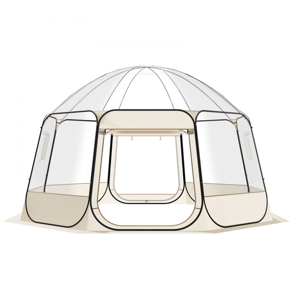 Namiot kempingowy VEVOR z funkcją rozkładania, 458 x 432 x 230 cm, przezroczysty, namiot ogrodowy igloo z oknami, namiot sportowy, panoramiczny widok 540°, dla 12–15 osób, taras, podwórko