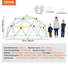 Kopuła wspinaczkowa VEVOR, geometryczna kopuła wspinaczkowa o wysokości 3,05 m, centrum zabaw dla dzieci w wieku od 3 do 10 lat, nośność ramy wspinaczkowej 340 kg, z uchwytem do wspinaczki, urządzenia do zabawy w ogrodzie na podwórku
