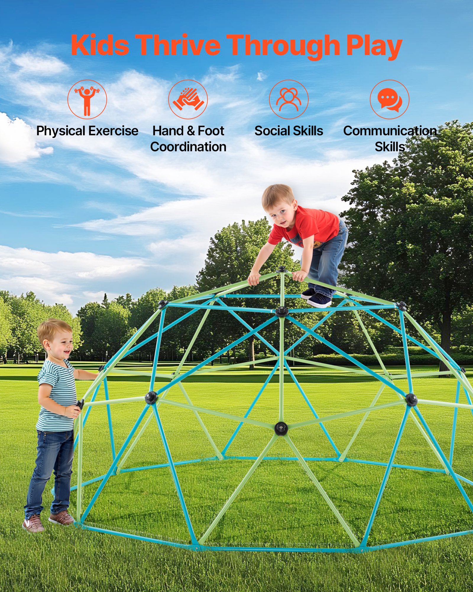 VEVOR Wspinaczkowa kopuła geometryczna (szerokość 305 cm) z huśtawką talerzową, udźwig 453 kg, sprzęt wspinaczkowy dla dzieci w wieku od 3 do 10 lat, ogrodowy plac zabaw