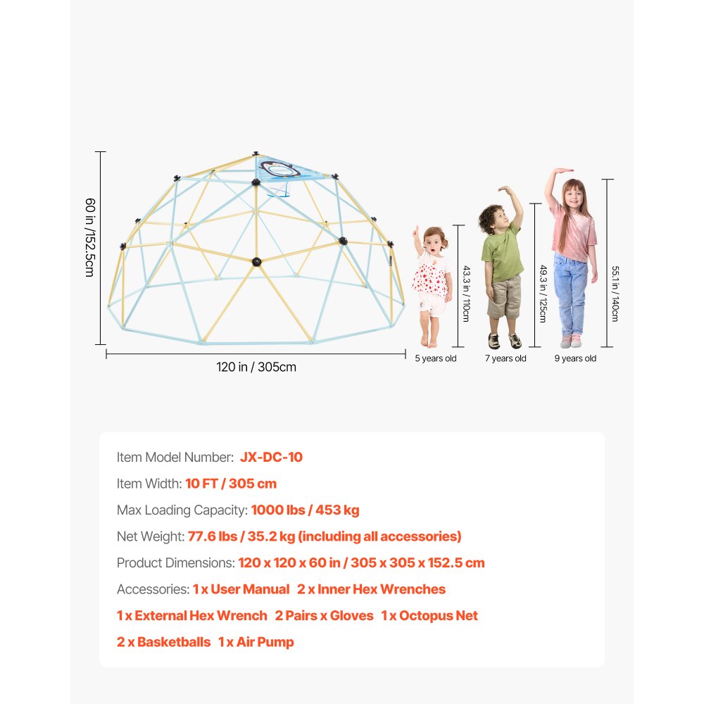 VEVOR Climbing Dome, 305cm Geometric Dome Climber, 453kg Loading Jungle Gym Playground with 2 Basketballs & Octopus Net, Easy-Assembly Outdoor Backyard Climbing Equipment for Kids 3 to 10 Years Old