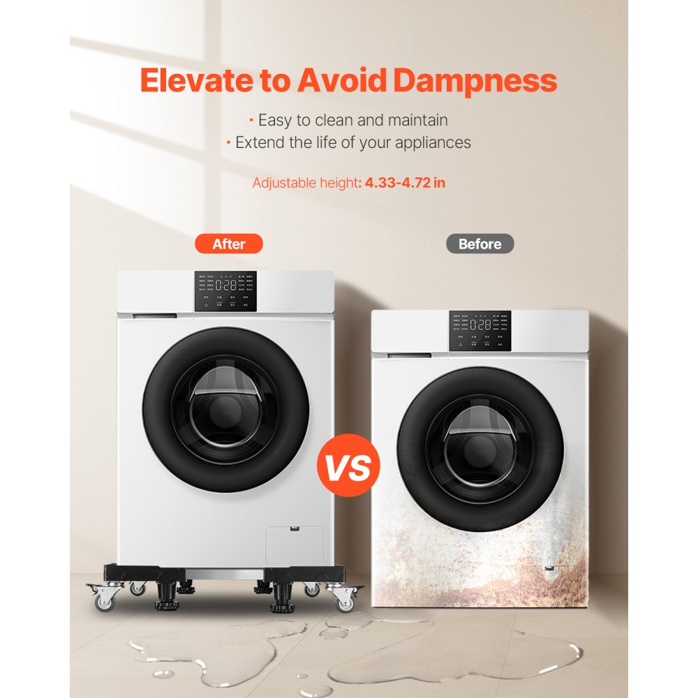 Podstawa pod pralkę VEVOR o udźwigu 500 kg, mobilna podstawa z blokowanymi podwójnymi kołami i 4 hamulcami, regulowany wózek meblowy o szerokości 69,85–89,9 cm do pralki, lodówki i suszarki