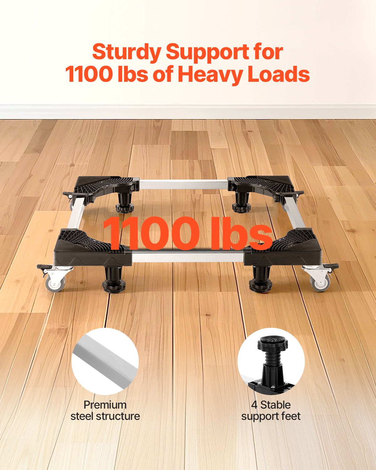 Podstawa pod pralkę VEVOR o udźwigu 500 kg, mobilna podstawa z blokowanymi podwójnymi kołami i 4 hamulcami, regulowany wózek meblowy o szerokości 69,85–89,9 cm do pralki, lodówki i suszarki