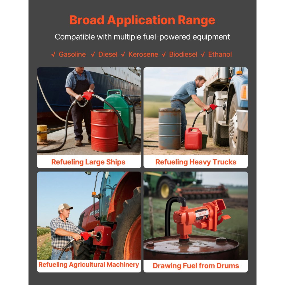 Pompa do przesyłu paliwa VEVOR, 230 V AC, elektryczna pompa do przesyłu oleju napędowego, 57 l/min, maksymalna wysokość ssania 2,4 m, maksymalna wysokość podnoszenia 11,28 m, do benzyny, nafty, biodiesla, etanolu