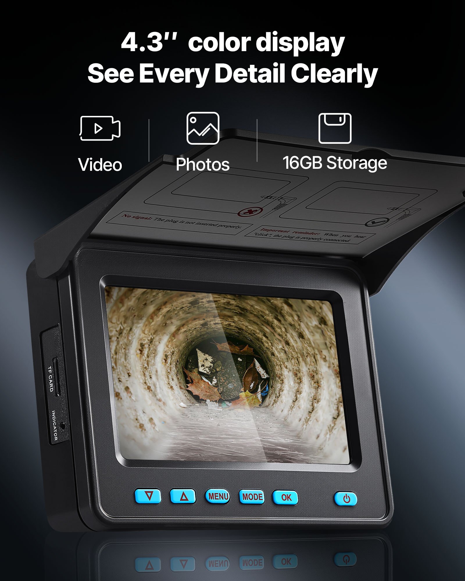 Kamera do inspekcji rur VEVOR o zasięgu 30 m, 720x480, wodoodporna kamera do inspekcji rur IP68 z 6 regulowanymi diodami LED, akumulatorem 4500 mAh i kartą pamięci 16 GB do rur i przewodów kanalizacyjnych