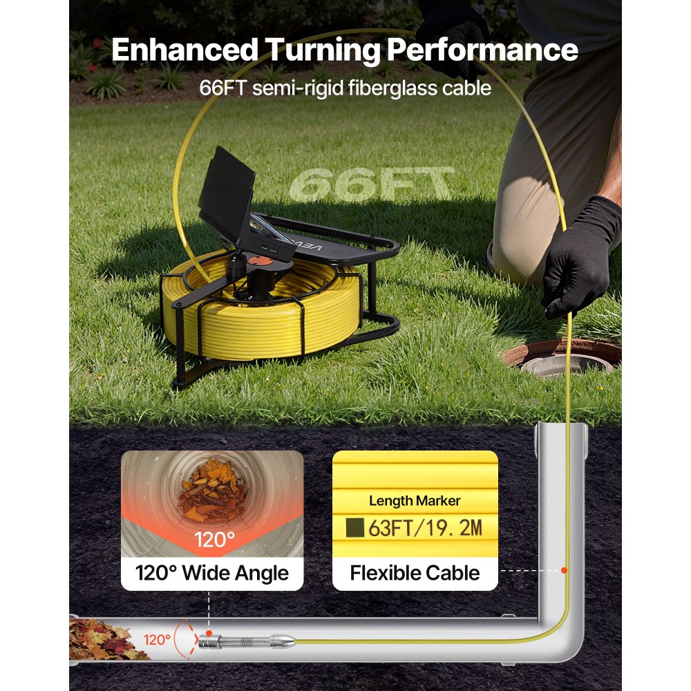 Kamera do inspekcji rur VEVOR o zasięgu 20 m, rozdzielczość 720x480, wodoodporna kamera inspekcyjna do rur IP68 z 6 regulowanymi diodami LED, akumulatorem 4500 mAh i kartą pamięci 16 GB do rur i przewodów kanalizacyjnych